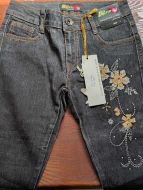 Y2K Boayo Embroidered Black Denim Jeans with Gold Floral Detail